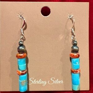 Sterling Silver 925 Dangle Earrings, Turquoise/Red Spiney Oyster